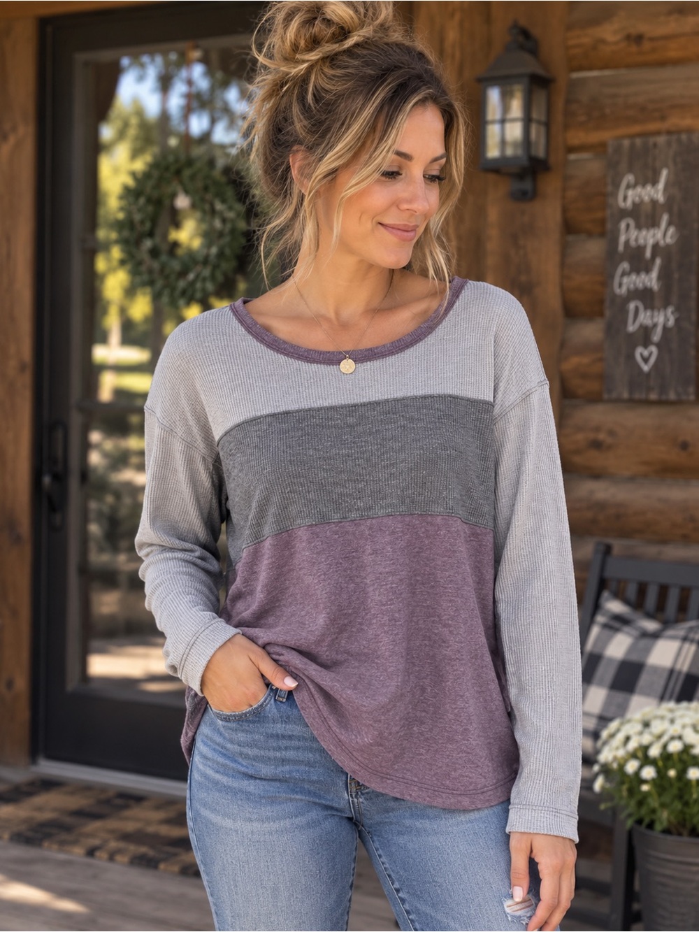 Free People Three-Tone Scoop Neck Pullover in Mauve and Gray waffle knit